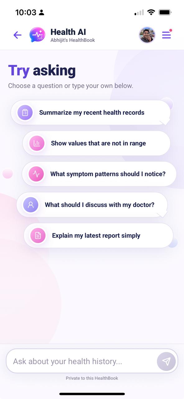 Health AI suggested questions about reports, medicines and symptoms