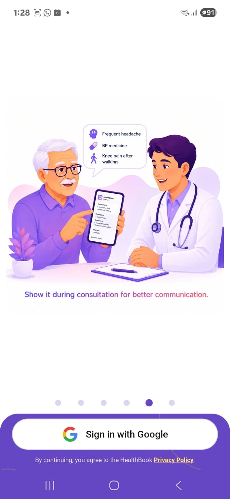 An elderly patient sharing an organized health story with a doctor