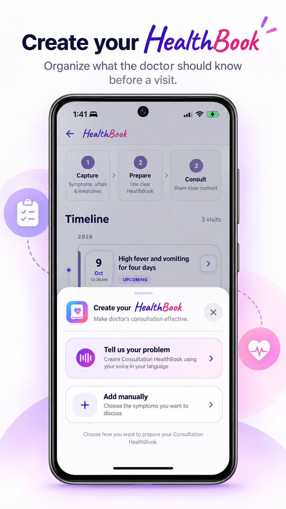 Curex360 app: prepare a consultation HealthBook using voice or manual entry