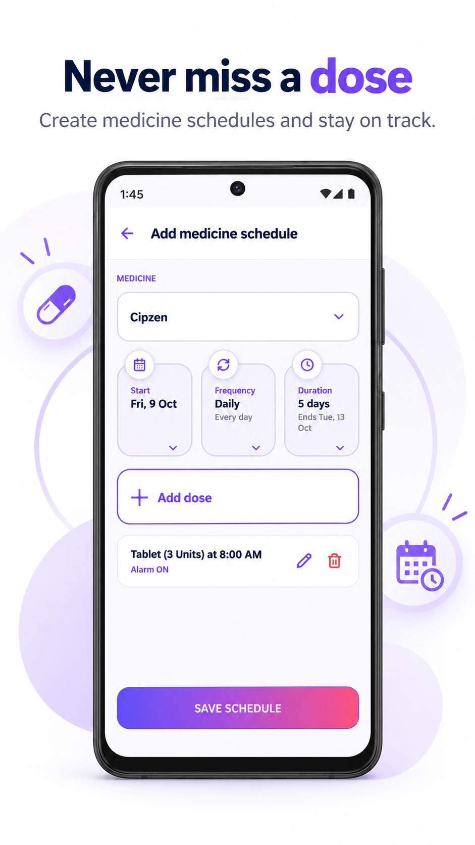 Curex360 app: prescribed medicine schedule with timing, duration and reminders